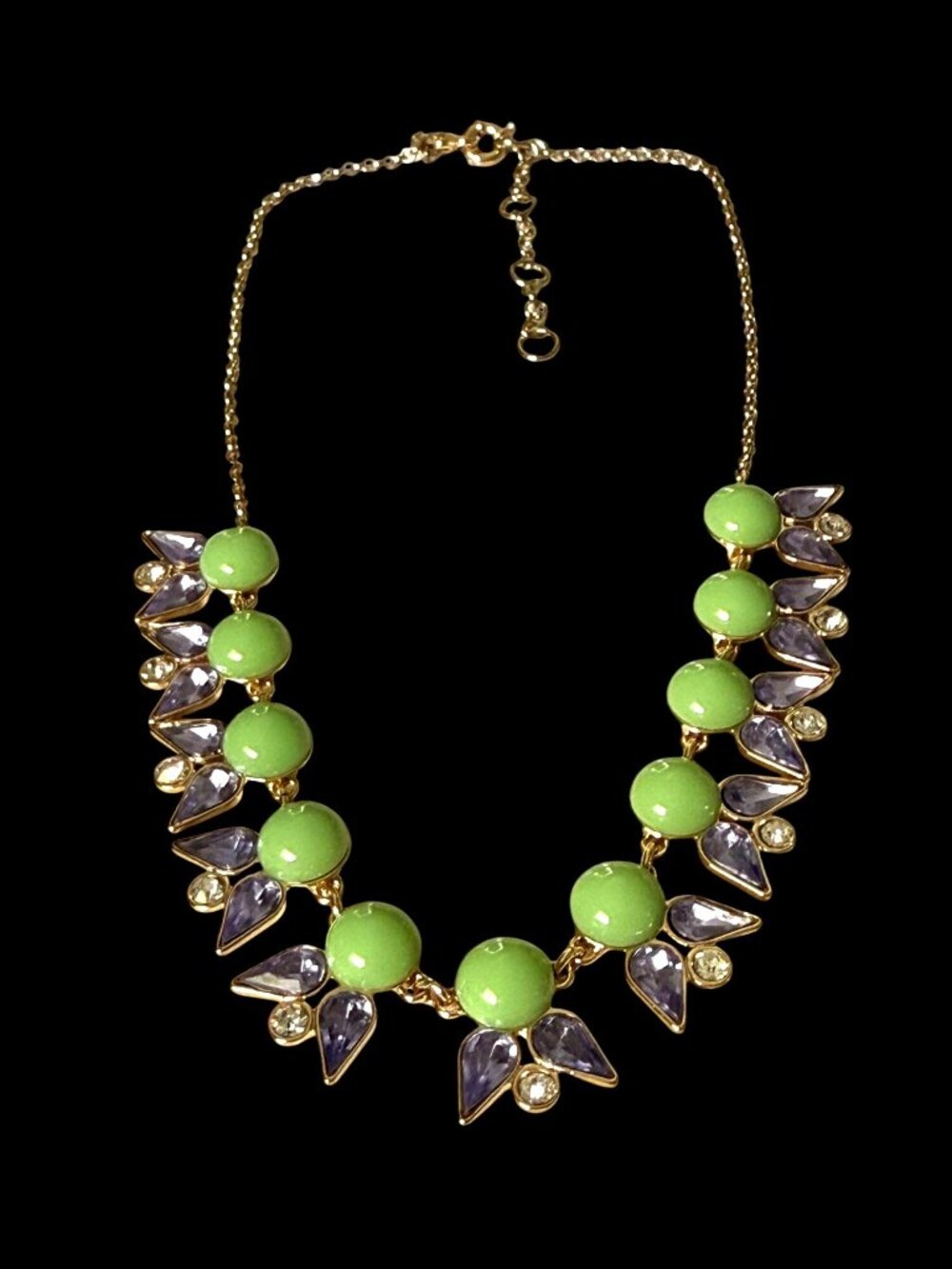 J Crew Green & Purple Statement Necklace Gold Chain Adjustable Crystal Accents